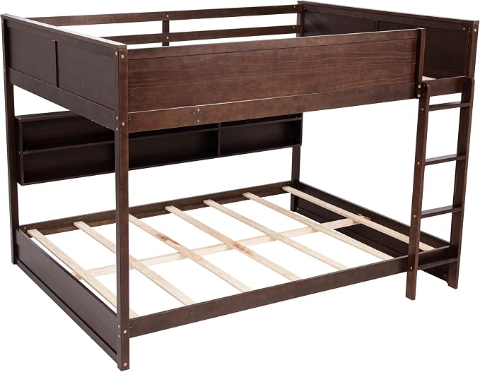 RUNNA Unique Queen Over Queen Bunk Bed with Storage&Charging Station,Brwon | Queen Over Queen Bunk Bed with Storage&Charging Station,Space-Saving Design Solid Wood Bunk Bed for Adults/Teens