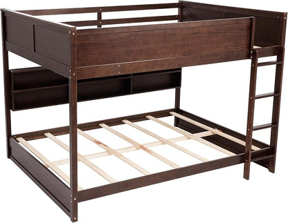 RUNNA Unique Queen Over Queen Bunk Bed with Storage&Charging Station,Brwon | Queen Over Queen Bunk Bed with Storage&Charging Station,Space-Saving Design Solid Wood Bunk Bed for Adults/Teens
