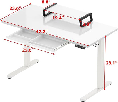 SHW 48x24 Glass Electric Height Adjustable Standing Desk – Motorized Sit Stand Desk with Monitor Riser, Pull-Out Drawer, Memory Presets, White