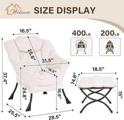 Welnow Lazy Chair with Ottoman, Modern Accent Chair with Armrests and a Side Pocket, Leisure Sofa Armchair, Reading Armchair with Footrest for Small Space, Beige