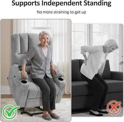 MCombo Power Lift Recliner Chair for Elderly, Lift Chair with Heat and Massage, USB &Type C Ports, Cup Holders, Fabric 7095 (Medium, Grey)