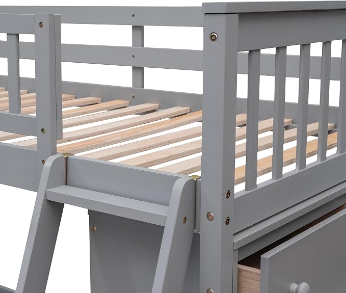 Ball & Cast Wooden Twin Over Full Bunk Bed with 6 Drawers & Flexible Shelves,Bottom Bedframe W/Wheel,Easy Assembly,Space Saving,Versatile Storage Furniture Set for Boy Girl Teen Compact Bedroom,Gray