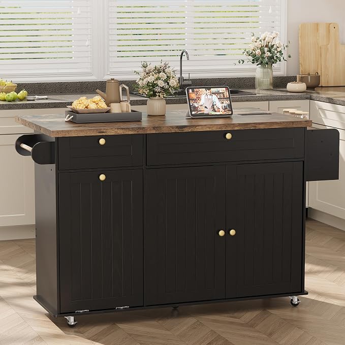 ComfyCorner 60" Rolling Large Kitchen Island on Wheels with Extendable Table, Drop Leaf & Power Outlet, Mobile Kitchen Cart with Storage Cabinet, 2 Drawers, Spice Rack, Towel & Knife Holder, Black