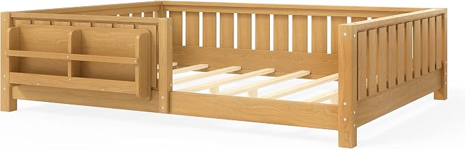 Bellemave Full Size Floor Bed with high Rails and with Built-in Bookshelf for Kids, Girls, Boys, Wood Montessori Floor Bed Without Door, Light Natural