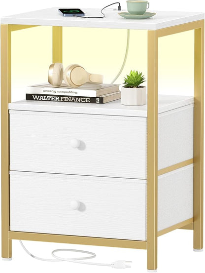 BOLUO Nightstand with Charging Station, LED Night Stand with 2 Fabric Drawers, Bedside Table with USB Ports and Outlets, Nightstand for Bedroom Modern