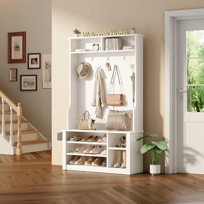 Aiho Hall Tree with Bench and Shoe Storage, 3-in-1 Entryway Hall Tree, with Adjustable Shoe Storage, for Entryway, Hallway, White