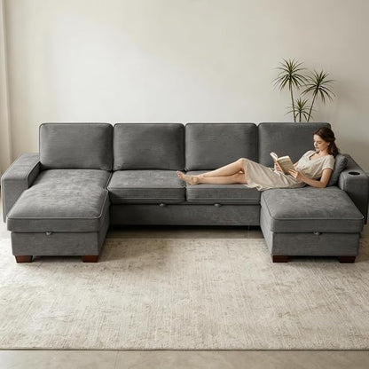 129" Convertible Sleeper Sofa Bed,L Shaped with Storage Chaise Pull Out Couch for Living Room,USB and Type-C,Removable Washable Chenille Covers （Gray）