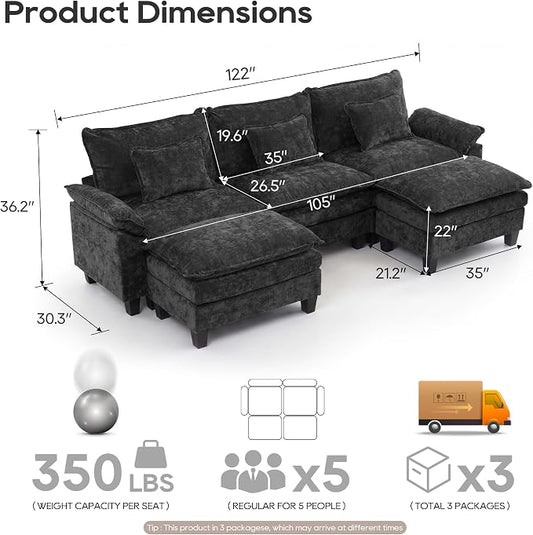 URRED Oversized Modular Sectional Sofa, 122" U Shaped Modern Comfy Cloud Couch with Movable Ottoman & Pillows, Deep Seat Couches for Living Room, Bedroom or Apartment (Chenille Black, 122" U Shaped)