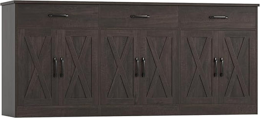HOSTACK 71" Large Sideboard Buffet Cabinet with Storage, Farmhouse Coffee Bar Cabinet with 3 Drawers, Long Kitchen Buffet Table, Kitchen Sideboard Storage Cabinet for Dining, Living Room, Dark Brown