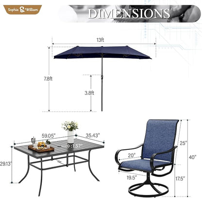 Sophia & William Patio Set with Umbrella 8 Pieces Outdoor Dining Set for 6 with 13ft Umbrella Navy Blue, 6 x Blue Swivel Patio Chairs with 59" Dining Table for Lawn Garden (No Umbrella Base)