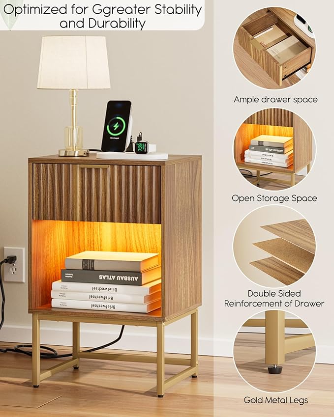 Masupu Fluted Nightstand with Charging Station and LED Lights,Modern Night Stand Wood Bedside Table with Storage Drawer Side End Table for Bedroom,Office,Walnut Brown