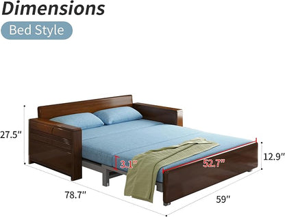 3 in 1 Pull-Out Convertible Sofa Bed, 59" Blue Plush Cushion Sleeper Couch, Reversible Chaise, Walnut Solid Wood Frame for Home, Office, Apartment