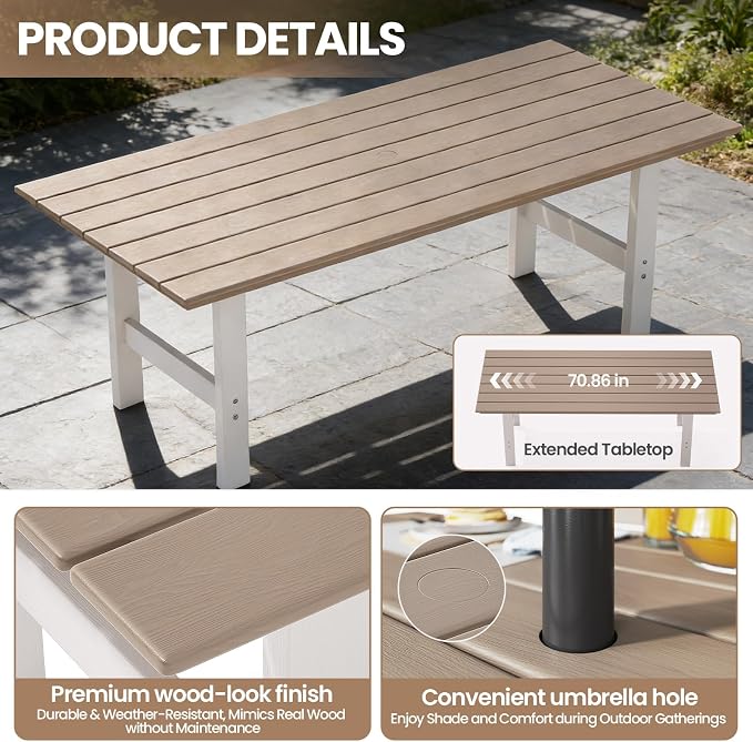Outdoor Dining Set,5-Piece Patio Table and Chairs Set for 4, HDPE Outdoor Dining Table and Chairs with Umbrella Hole, All-Weather Patio Dining Furniture Set,White Brown