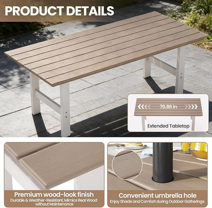 Outdoor Dining Set,5-Piece Patio Table and Chairs Set for 4, HDPE Outdoor Dining Table and Chairs with Umbrella Hole, All-Weather Patio Dining Furniture Set,White Brown