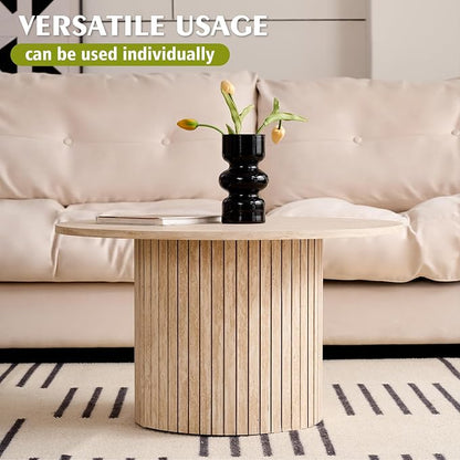 Round Nesting Coffee Table Set of 2, Fluted for Small Spaces | Modern style, suitable for living rooms, roller design, wooden