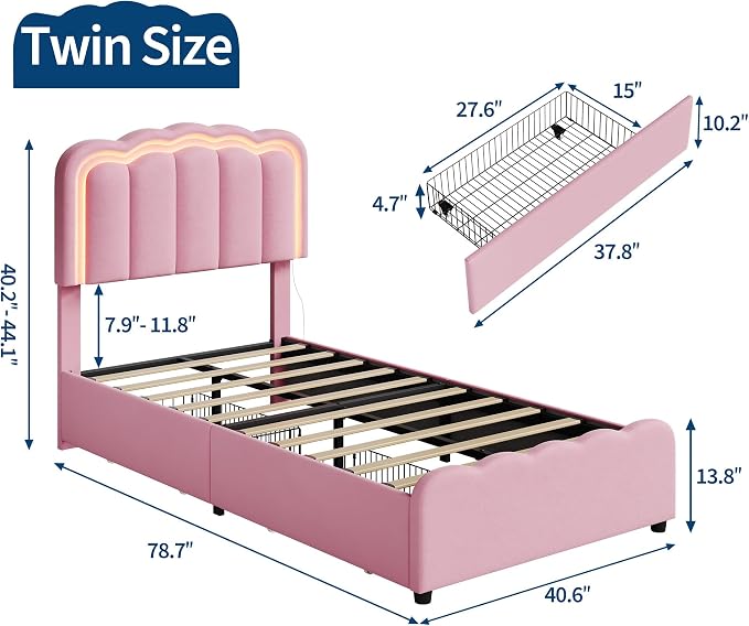 Garvee Twin Size Bed Frame with 2 Storage Drawers and LED Lights, Upholstered Platform Twin Bed with Adjustable Headboard, Wooden Slats Support, No Box Spring Needed, Easy Assembly, Pink