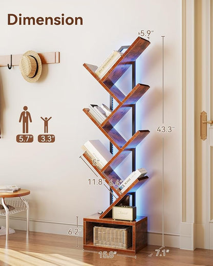 Casaottima Tree Bookshelf with LED Lights, 6-Tier Narrow Bookcase for Small Spaces, Tall Steel & Wood Storage Shelf with Cabinet, Home Decor & Organizer for Living Room/Bedroom/Home Office, Vintage