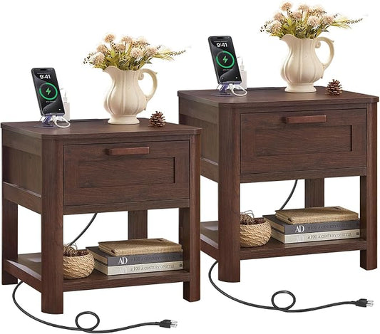 Joaxswe Farmhouse Night Stand Set of 2 with Charging Station, Wood Bed Side Tables Bedroom Set of 2 with Drawer & Open Storage Shelf, Walnut