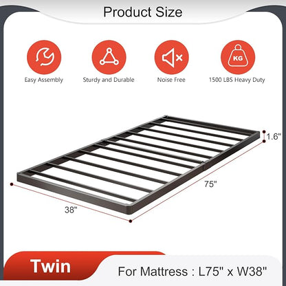 Yicensen 1.6 Inch Bunkie Board Twin Low Profile Heavy Duty Metal Box Spring Twin Bed Base Sturdy Mattress Foundation, Easy Assembly, Noise Free, Black