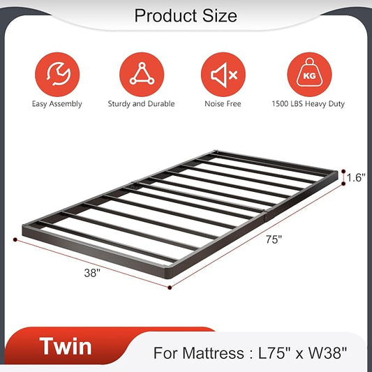 Yicensen 1.6 Inch Bunkie Board Twin Low Profile Heavy Duty Metal Box Spring Twin Bed Base Sturdy Mattress Foundation, Easy Assembly, Noise Free, Black