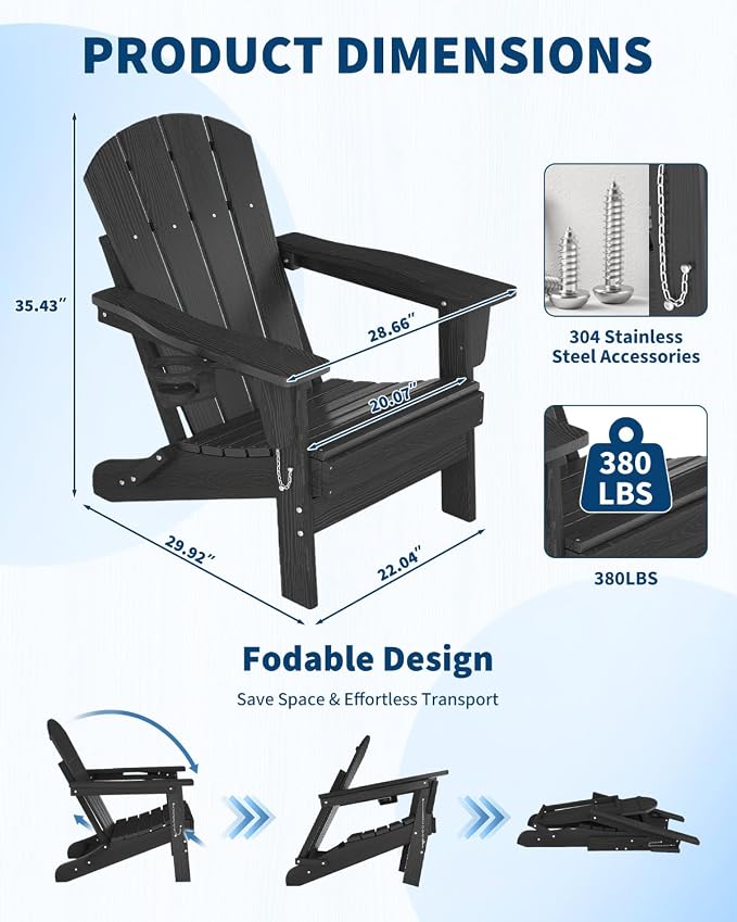 Garvee Folding Adirondack Chair Set of 4 with 2 Side Table, HDPE Outdoor Patio Chair with Cup Holder, All Weather Resistent Wooden Textured for patios, Decks, Gardens, fire Pit, Black