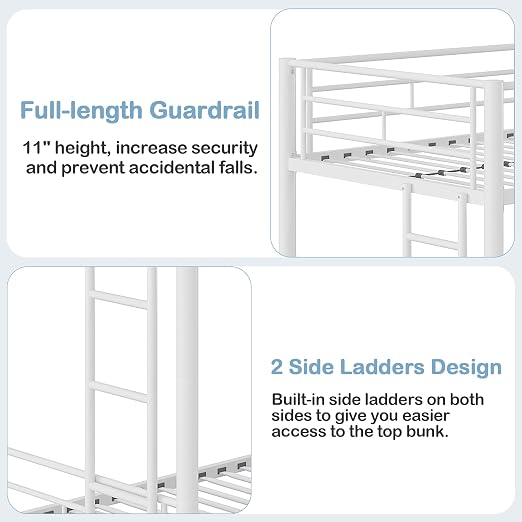 VECELO Twin Over Twin Bunk Bed with Trundle, Off White | Metal Bunkbeds, 2 Side Ladders, Full-Length Guardrail, Noise Free, No Box Spring Needed