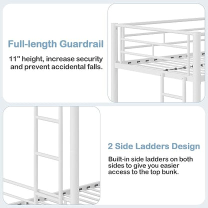 VECELO Twin Over Twin Bunk Bed with Trundle, Off White | Metal Bunkbeds, 2 Side Ladders, Full-Length Guardrail, Noise Free, No Box Spring Needed