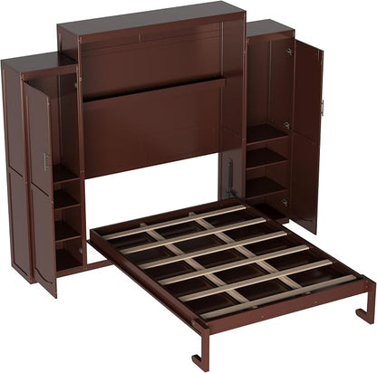 Merax Queen Size Wood Murphy Bed, with 2 Wardrobe and Storage Shelf, Multifunctional Foldable Wall Platform Bedframe for Guest-Room, Bedroom, Walnut