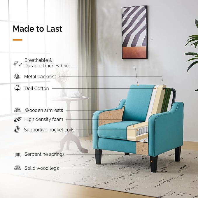 VINGLI Accent Chairs Set of 2 Blue Linen Living Room Chairs Reading Chair for Bedroom Scooped Arm Chair Mid Century Modern Accent Chair Upholstered Comfy Chair for Apartment, Waiting Room