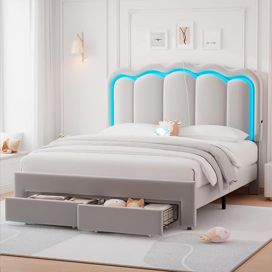 Queen Upholstered LED Bed Frame with 2 Storage Drawers and Adjustable Chic Double Wavy Headboard, Velvet Prince Platform Bed with Charing Station, Solid Wood Slats Support,No Box Spring Needed,Grey
