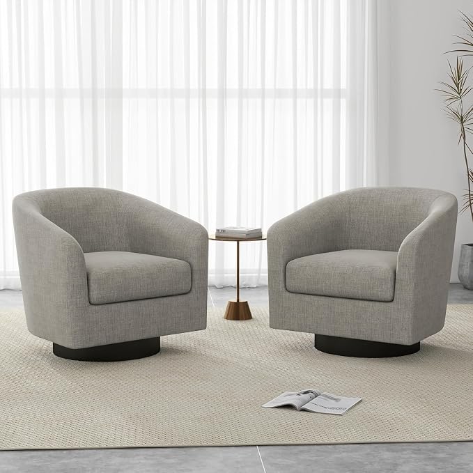 Swivel Accent Chairs Set of 2, Fabric Barrel Club Chair Upholstered Armchair for Living Room, Round Arm Chair Bedroom Single Sofa Reading Seat - Khaki