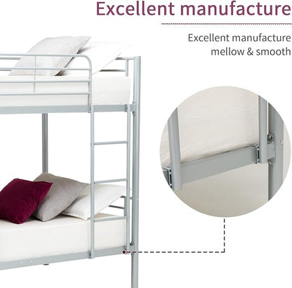 Metal Bunk Bed Twin Over Twin - with Removable Ladder and Guard Rail - Space Saving Design - Easy Assembly -Silver Grey