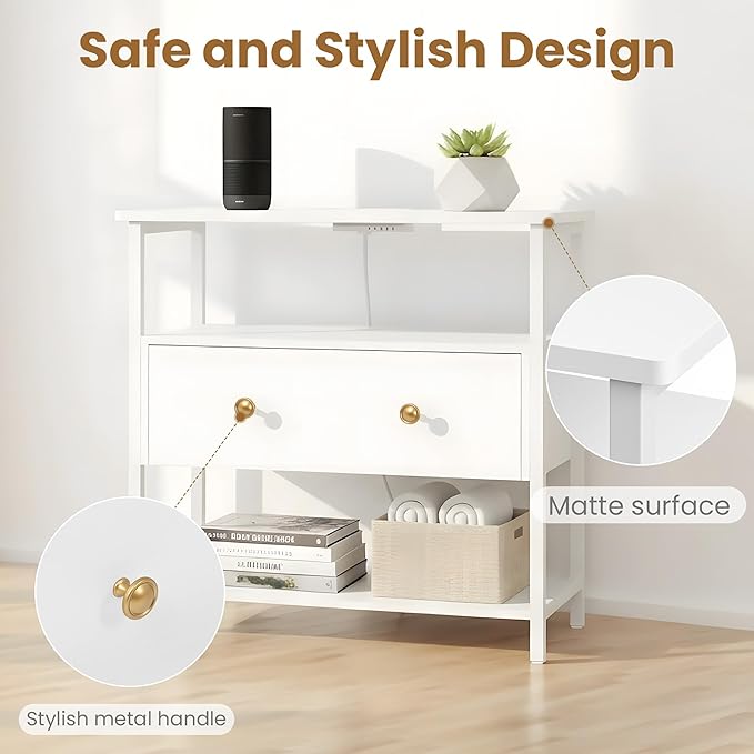 Edbuosy 27 Inch Wide Night Stand with Charging Station, Wood Nightstand with Open Shelf, Large Drawer Bedside Table for Living Room/Bedroom/Office, White