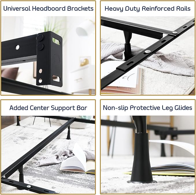 Clara Clark Adjustable Bed Frame - Double Bed Frame Expands to Queen Bed Rails, King Size Frame with Cross Rail and Center Support - 5.25” H Under Bed Frame for Box Spring and Mattress, Black