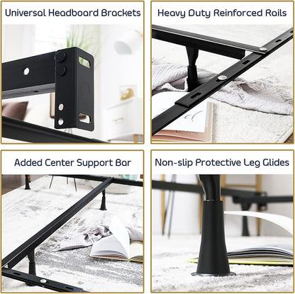 Clara Clark Adjustable Bed Frame - Double Bed Frame Expands to Queen Bed Rails, King Size Frame with Cross Rail and Center Support - 5.25” H Under Bed Frame for Box Spring and Mattress, Black