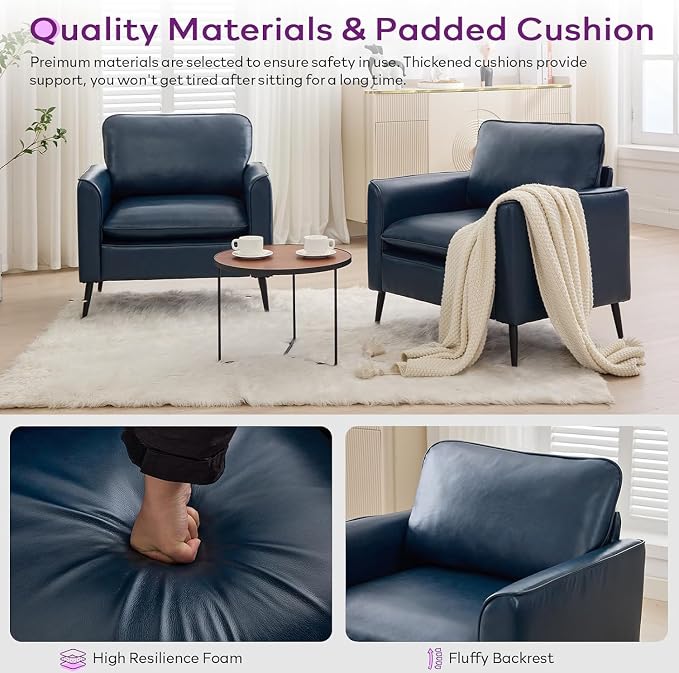 TYBOATLE Accent Chairs Set of 2, Faux Leather Chairs, Mid Century Modern Comfy Living Room Chairs, Cozy Office Reading Chair, Reception Armchairs for Living Room, Waiting Room, Bedroom (Blue)
