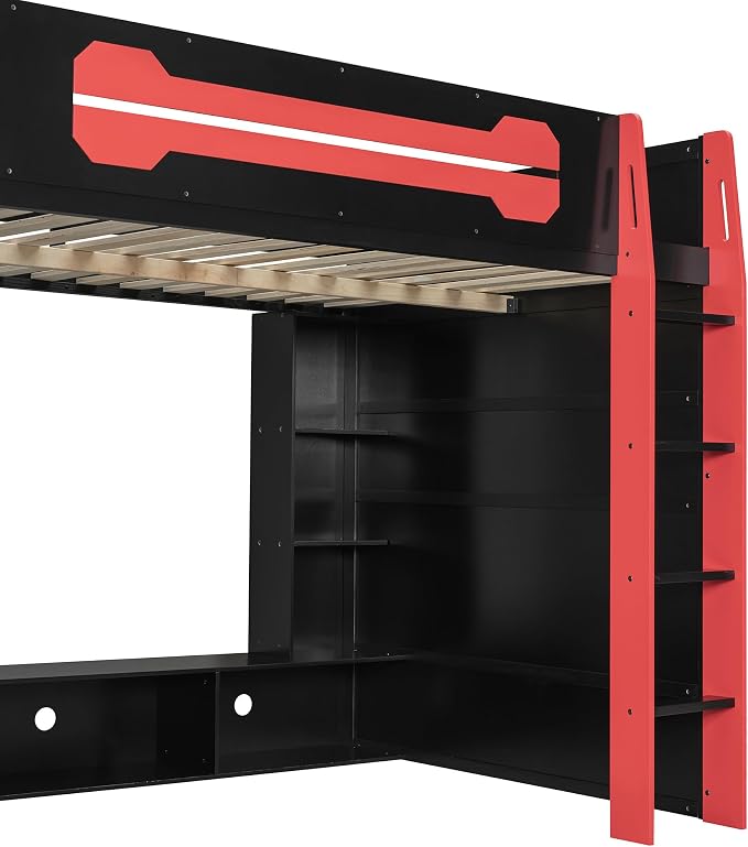 Merax Full Size Loft Bed with Desk, Multi-Storage Shelves and RGB Light | Space-Saving Wooden Gaming Bed Frame with Charging Station and Guardrail
