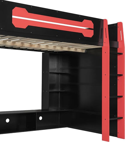 Merax Full Size Loft Bed with Desk, Multi-Storage Shelves and RGB Light | Space-Saving Wooden Gaming Bed Frame with Charging Station and Guardrail