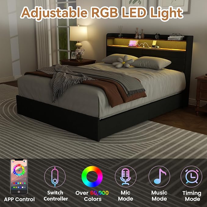 Kiivakii Full Size Bed Frame with 4 Drawers, Heavy Duty Metal Full Bed Frame with LED Lights, Charging Station, Upholstered Headboard, 800LBS Weight Capacity, Noise Free, Gray