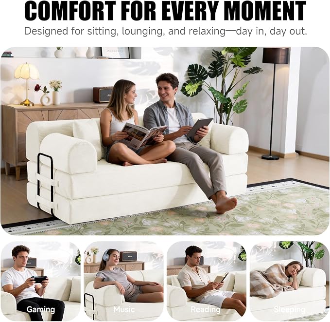 79" Corduroy Sofa Bed, Boneless Couch in a Box with 2 Pillows, High-Density Foam 4-in-1 Foldable Sleeper Futon Loveseat for Small Spaces, No Assembly, Side Pockets, Round Arm White