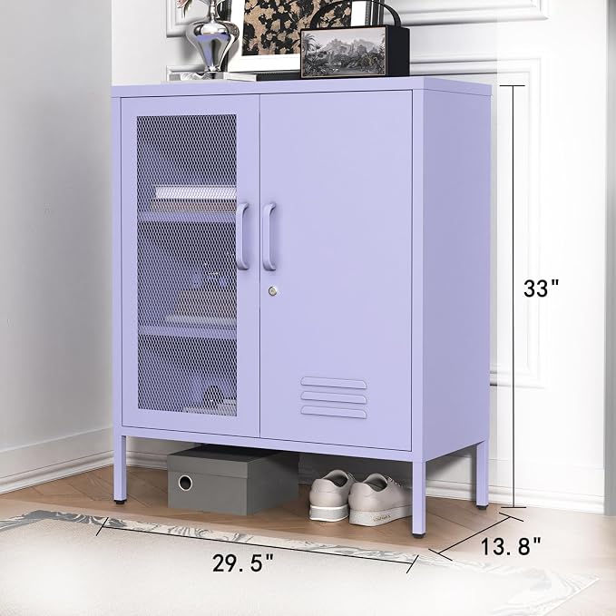 Purple Lockable Mesh & Metal Door Storage Cabinet, 3-Tier Heavy Duty Steel Locker with 2 Adjustable Shelves, Accent Cabinet for Living Room, Home Office, 33" H x 29.5" W x 13.8" D