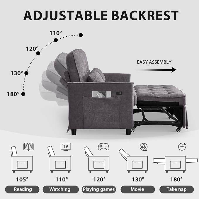 Convertible Sofa Bed, 3 in 1 Pull Out Couch, Loveseat Sleeper with Side Pocket, Sleeper Sofa with Adjustable Backrest | USB Charging Port | Two Pillows | Fabric | Light Grey