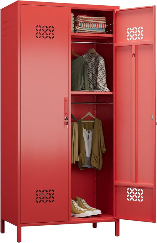 SUPEER 2 Door Red Metal Storage Locker Wardrobe Cabinet | 71 in metal wardrobe cabinet with lock, adjustable shelves, and hanging rods for home, office, garage, gym, or staff storage.