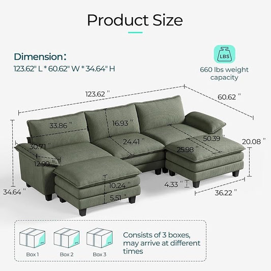 LINSY HOME 123'' Modular Sectional Sofa 3 Seat Couch Corduroy Cloud Couch with Deep Seat, Modern Cloud Couch with 2 Movable Ottoman for Living Room, Office, Bedroom, Green