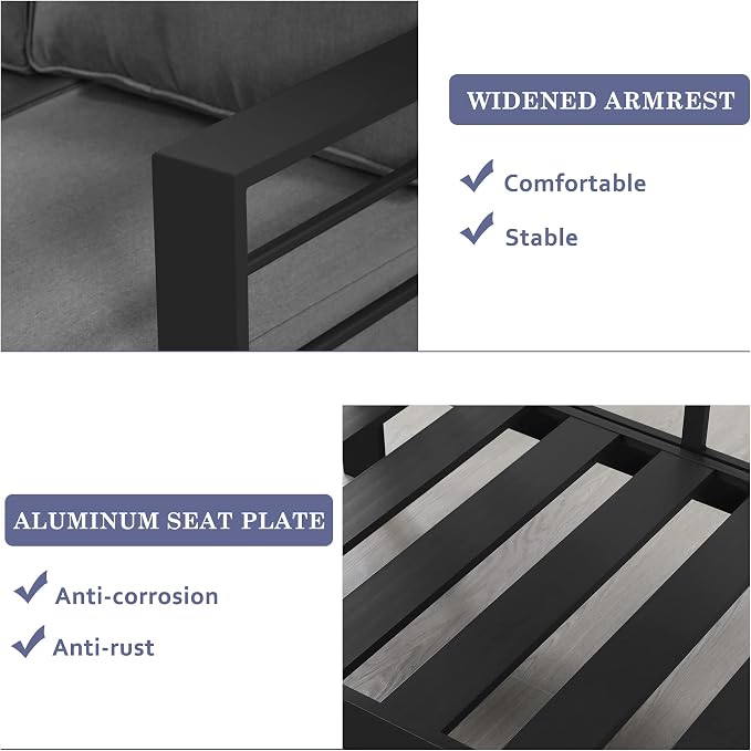 Wisteria Lane Aluminum Outdoor Sofa, 2 Pieces Patio Couch All-Weather Rust-Proof Modern Metal Patio Furniture with 5" Thick Olefin Cushions, Light Grey
