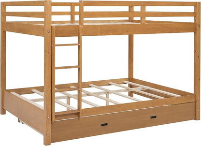 MERITLINE Queen Over Queen Bunk Bed with Twin XL Trundle, Solid Wood Bunk Bed with Ladders and Guardrails for Adults (Natural Wood)
