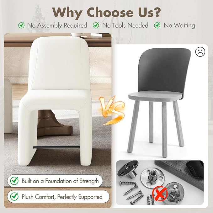 Hyfirm Upholstered Dining Chairs Set of 4, Modern Armless Desk Chair with Metal Footrest for Diningroom Bedroom Livingroom Reading Room,White Fabric