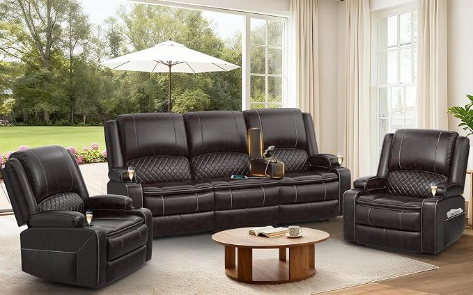 3+1+1 Manual Recliner Sofa, Maximum Load Capacity 2250lbs & Ergonomics Design, Multi-Functional Middle Seat & Home Theater Seating with Removable Armrest and Storage for RV Living Room (PU,Brown)