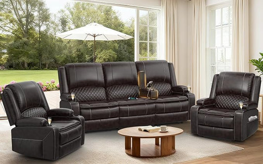 3+1+1 Manual Recliner Sofa, Maximum Load Capacity 2250lbs & Ergonomics Design, Multi-Functional Middle Seat & Home Theater Seating with Removable Armrest and Storage for RV Living Room (PU,Brown)