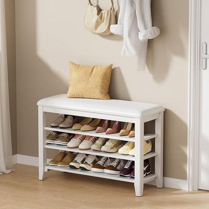 Entryway Shoe Storage Bench with Leather Cushion, Shoe Organizer Bench for Entryway, Ideal for Hallways Front Doors Entrances Mudrooms Featuring Rubberwood And 3 Height-Adjustable & Removable Shelve